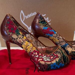 Christian Louboutin Brown and Multicolor Embroidered Heels